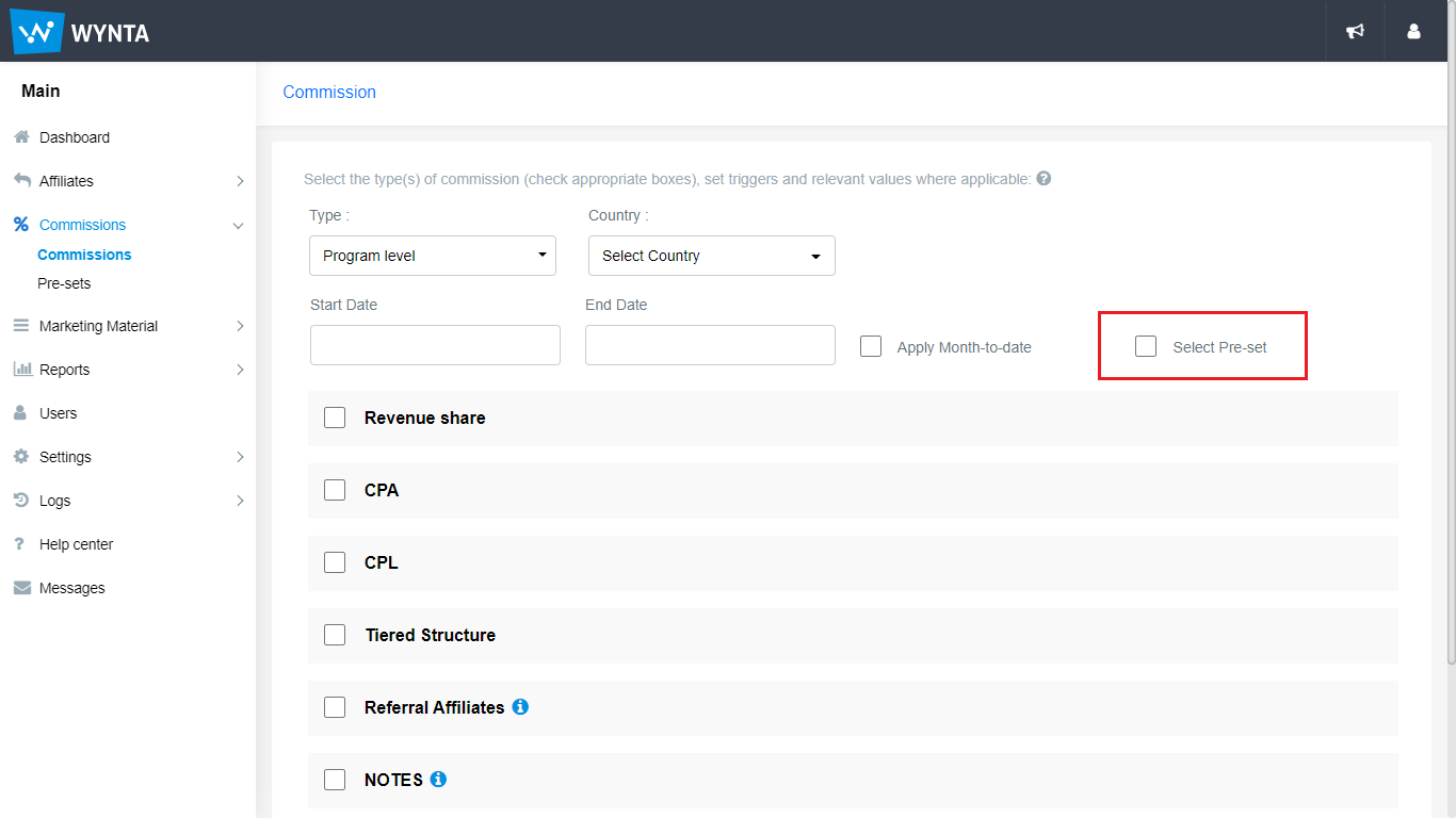 Wynta Training Guide – Setting up pre-set Commissions for your Affiliates