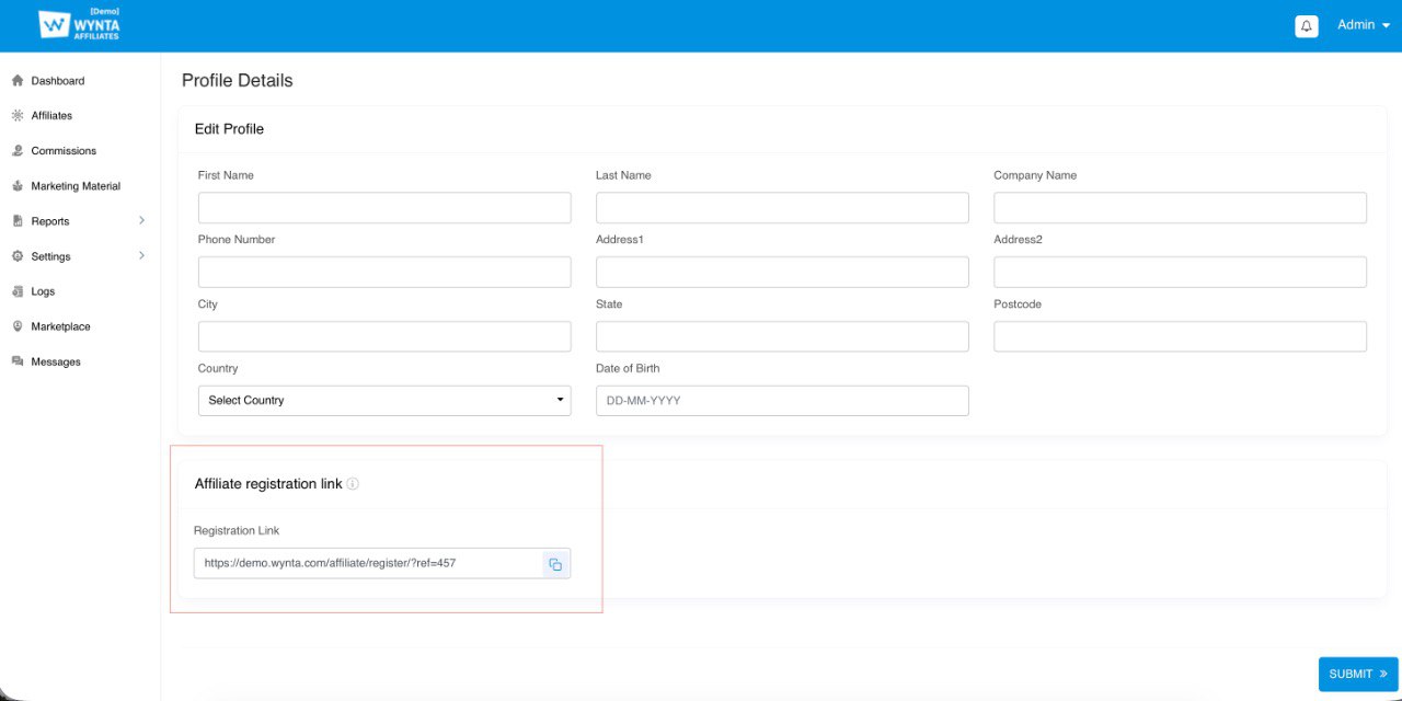 Unique Affiliate Registration Links for Admin Users